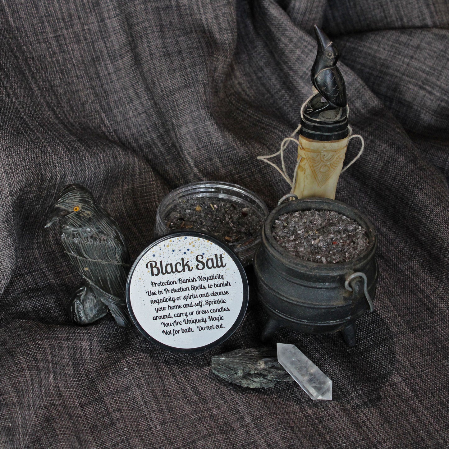 Black ritual salt for protection and banishing negativity or cleansing your home of spirits.